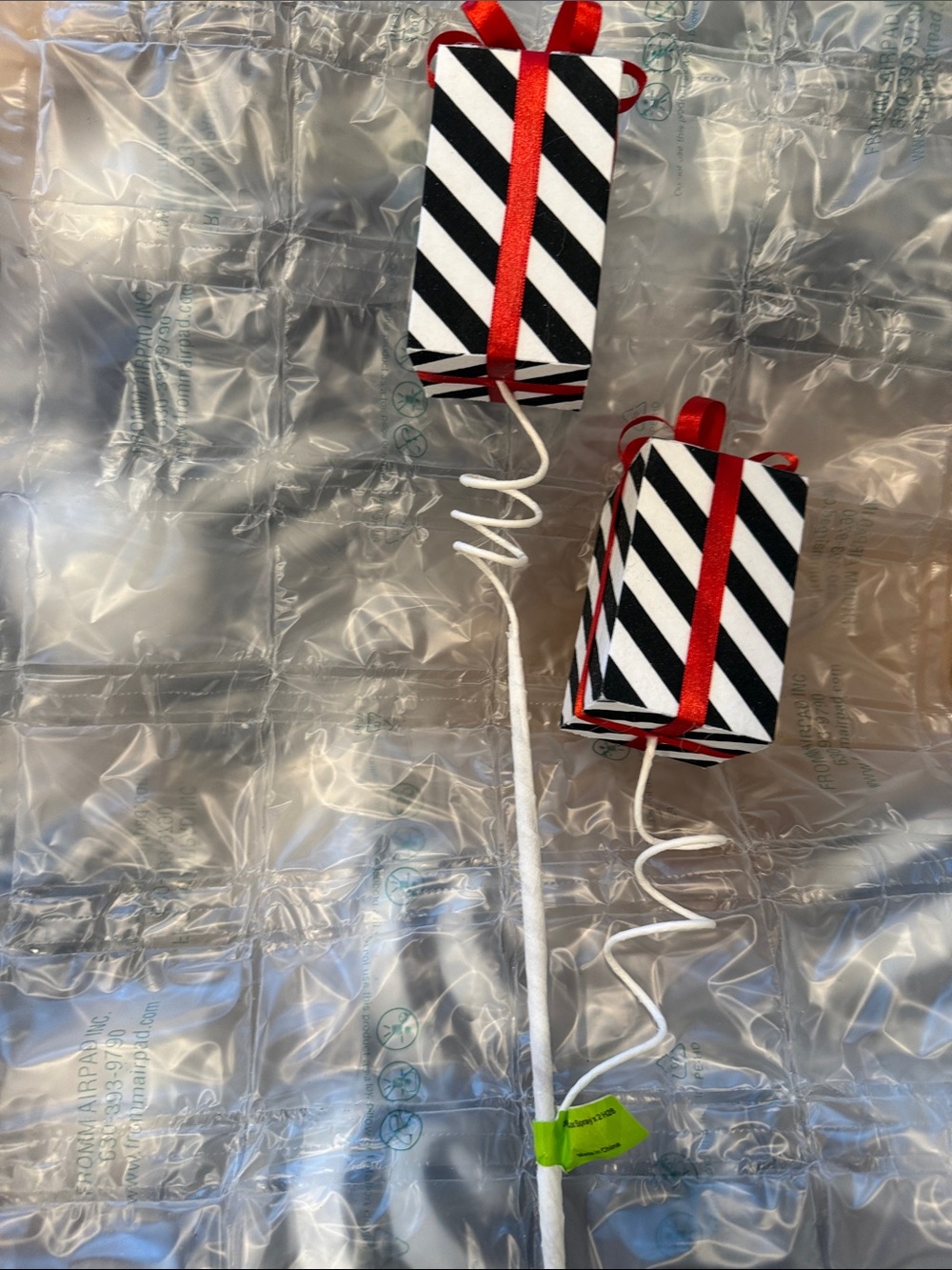 Striped Black & White Gift Pick with Red Ribbon - Holiday Ornament